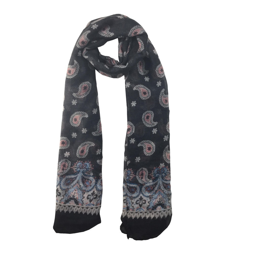 Paisley Pattern Print Scarf-Black