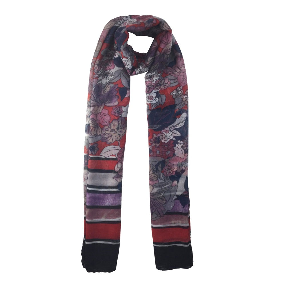Flower Stripe Border Print Scarf-Red