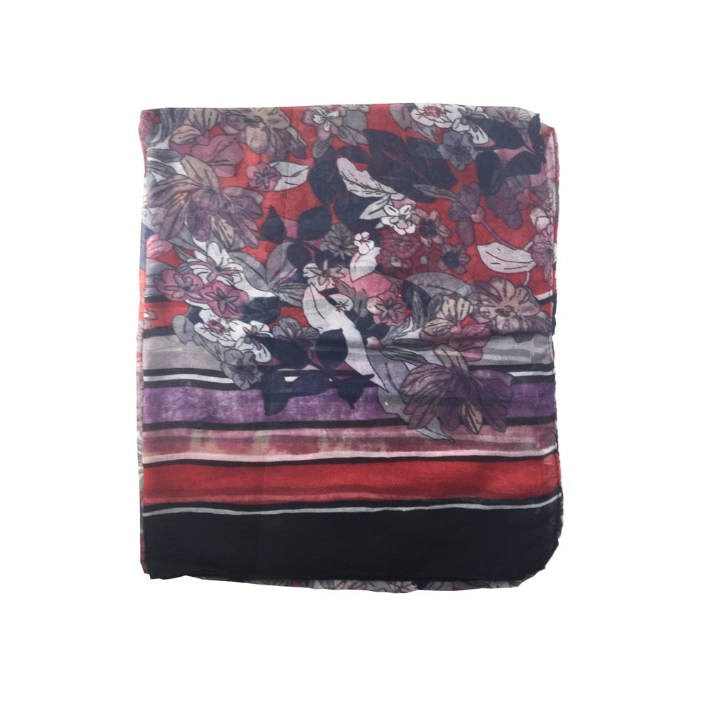 Flower Stripe Border Print Scarf-Red