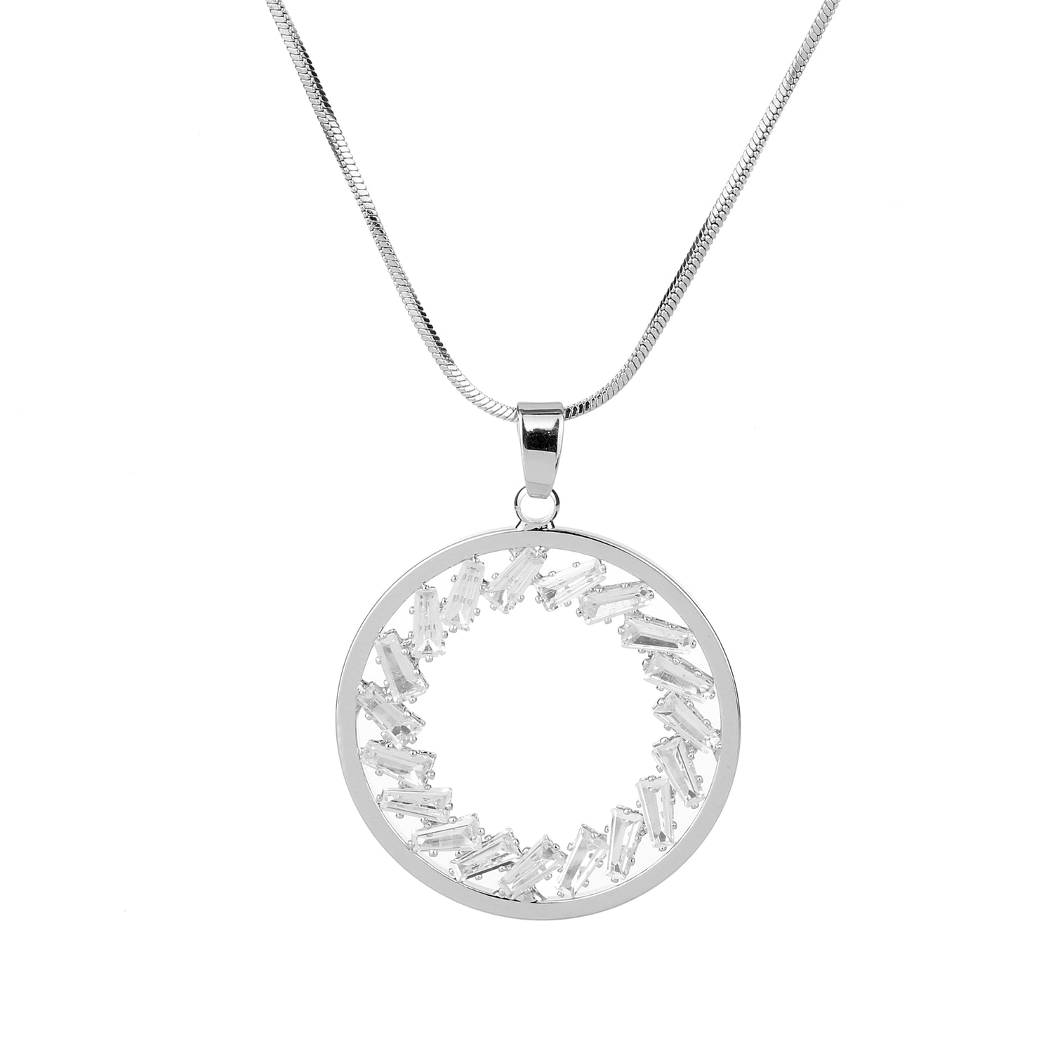 Long Round Crystal Necklace Silver