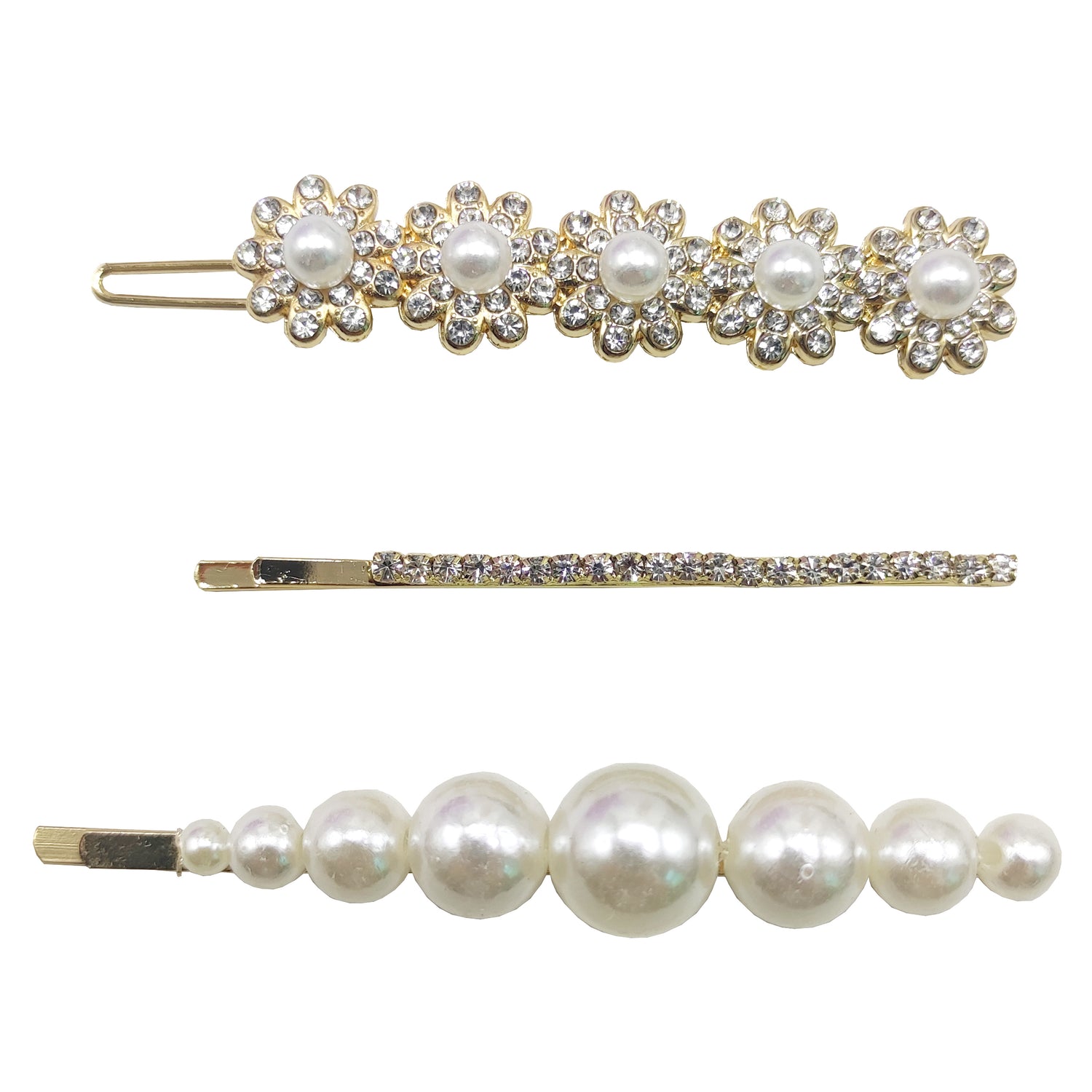 3pk Flower Pearl & Crystal Hair Clip
