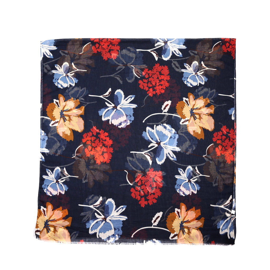Bold Flower Print Scarf - Navy