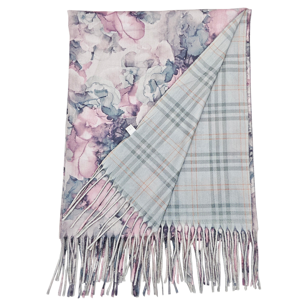 Two-sided Floral Check Scarf - Pink/Grey