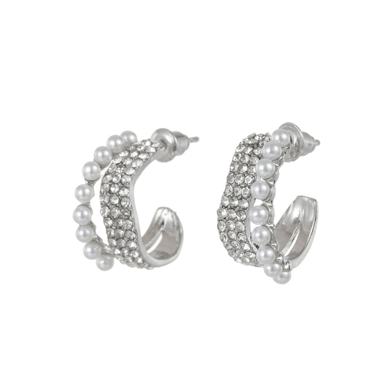 Pearl & diamante hoop earring silver