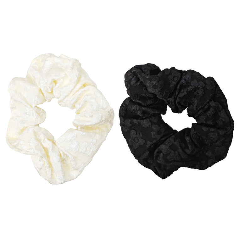 2pk flower pressed scrunchie black & cream