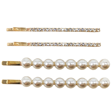 4pk crystal & pearl hair slides gold