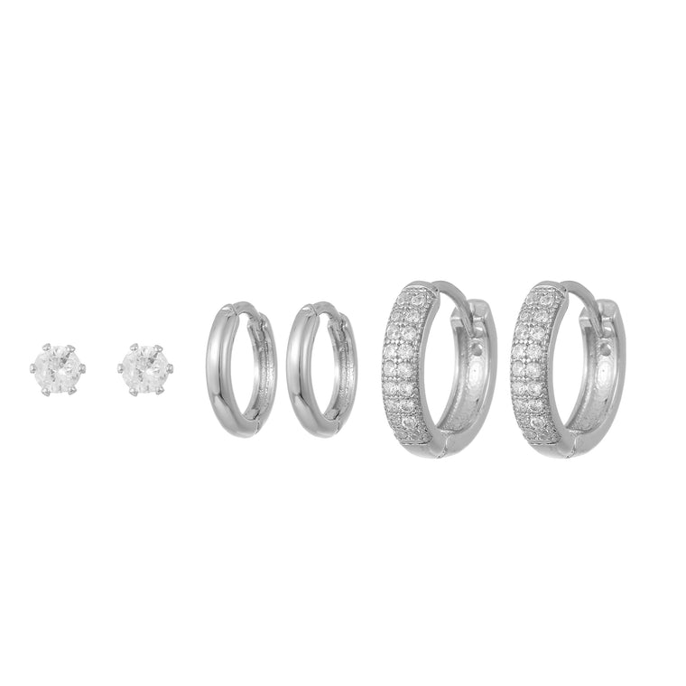 3pk Stud & Huggie Earring Silver