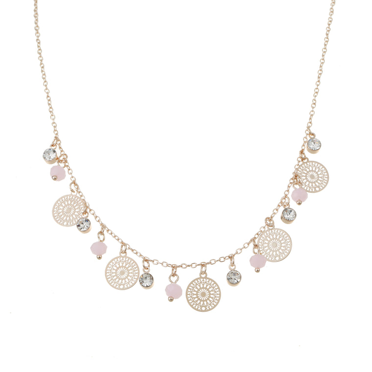 Disc & crystal necklace rose gold