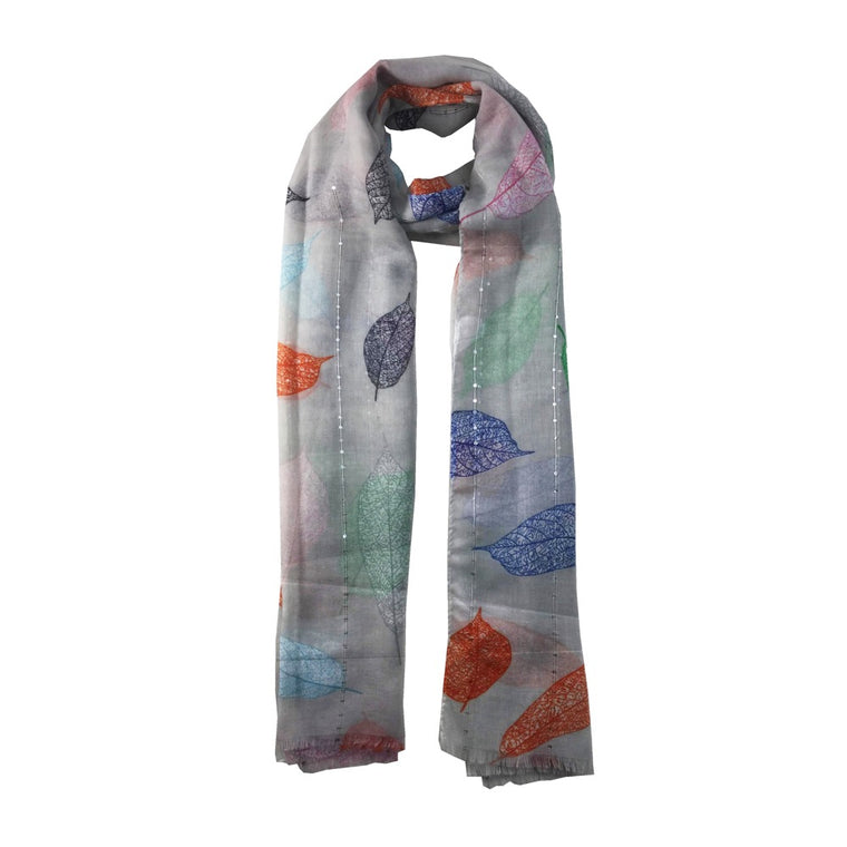 Leaf Print Scarf-Grey