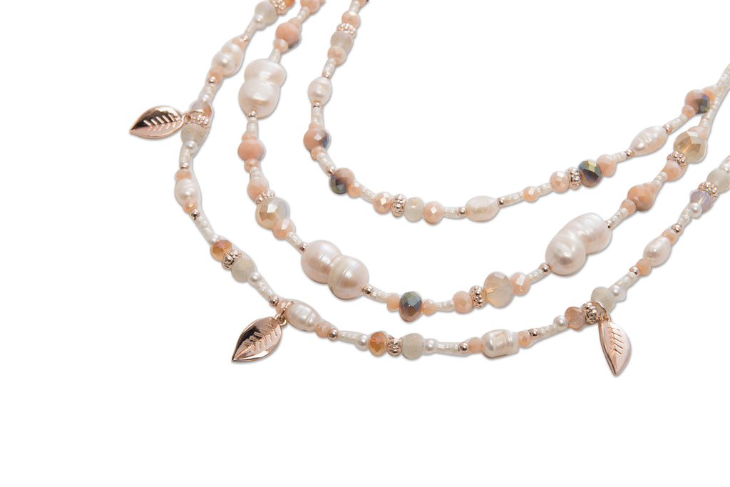 3 Row Pearl Leaf Necklace