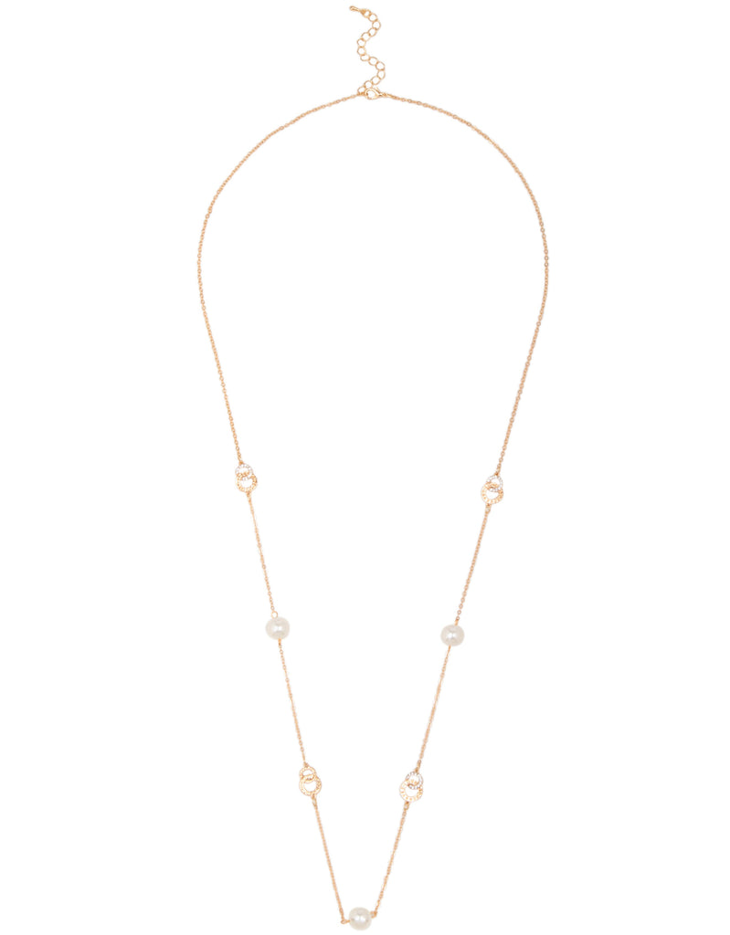 Long Pearl & Circle Link Necklace