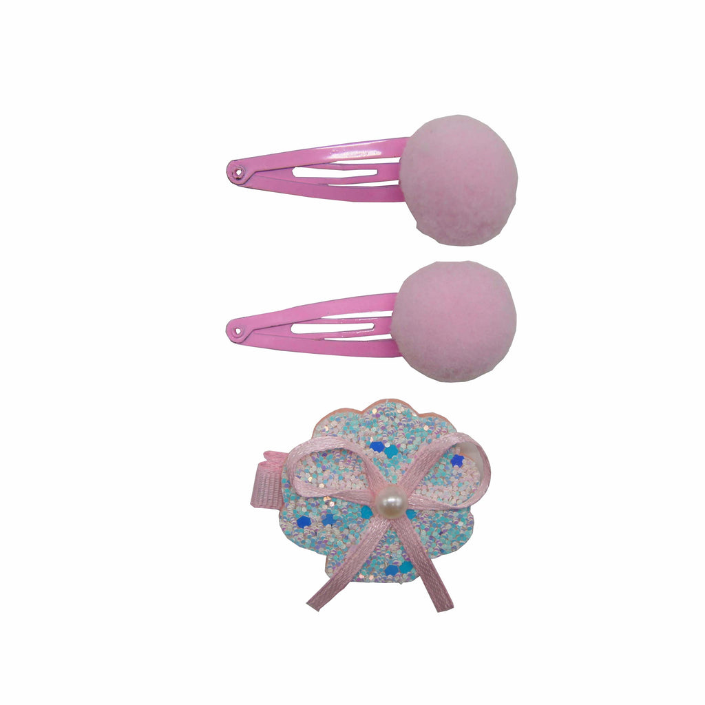 Sparkle 3pk Shell & PomPom Clip Set - Pink