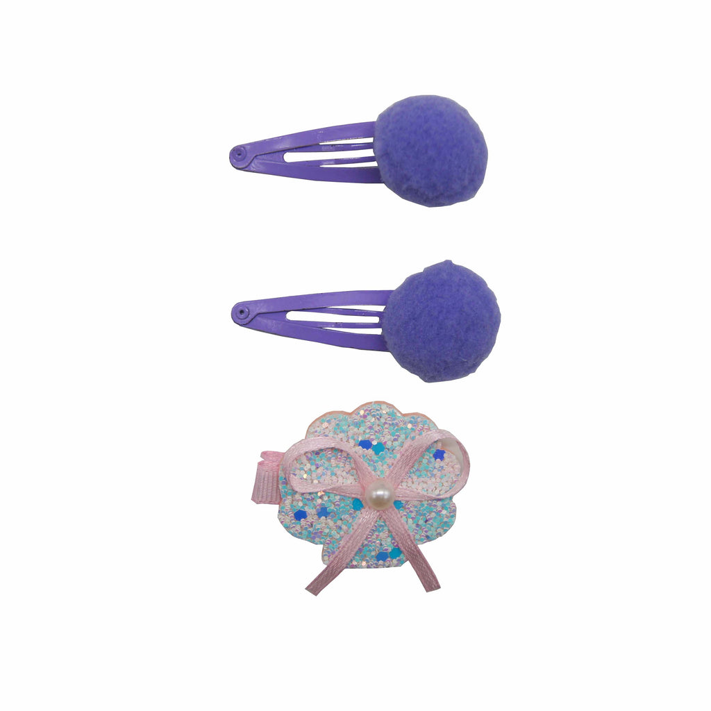 Sparkle 3pk Shell & PomPom Clip Set - Purple