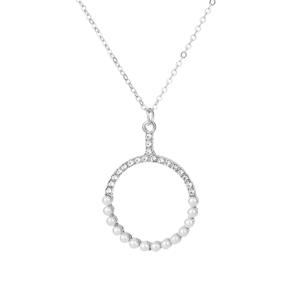 Diamante & Pearl Pendant Necklace Silver