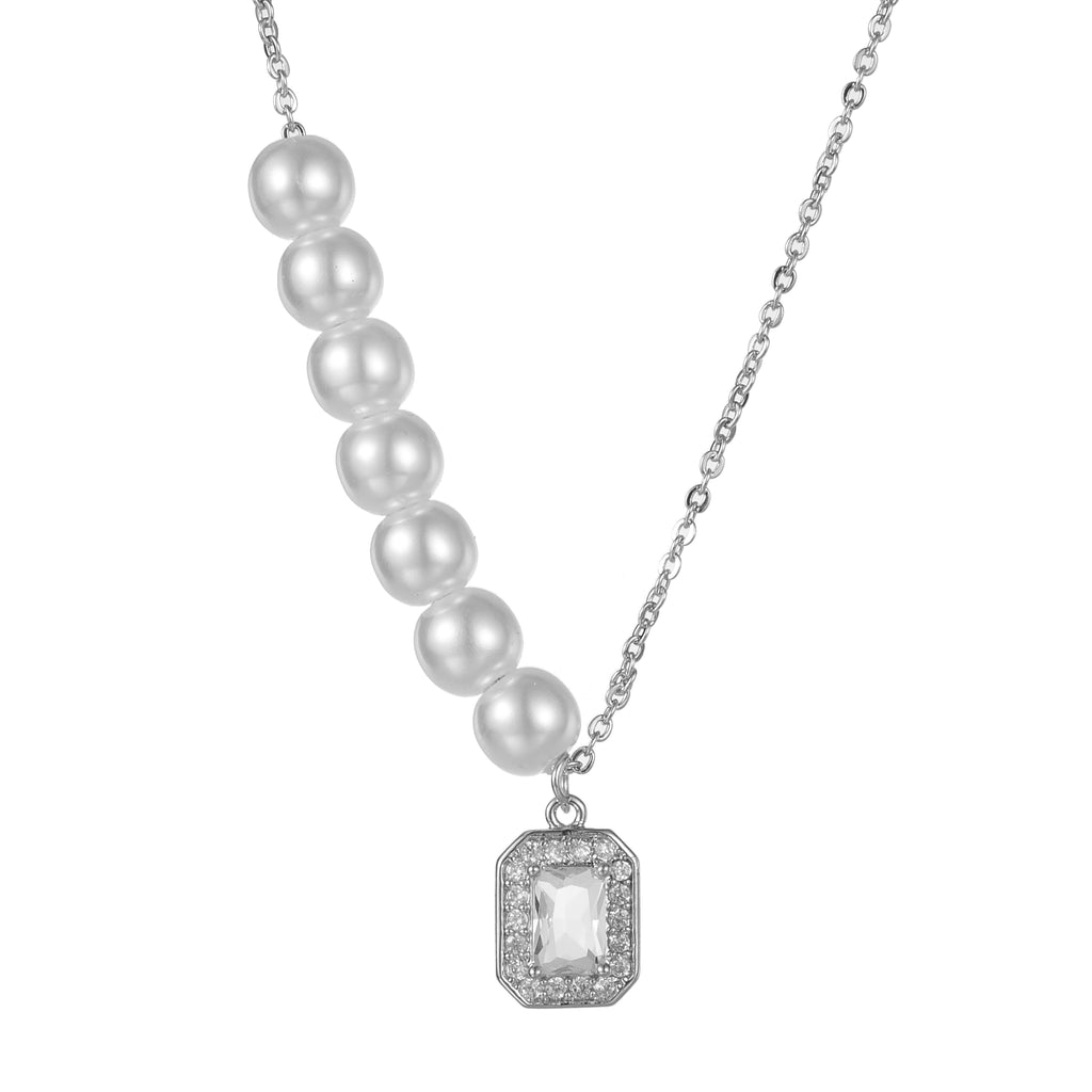 Pearl & Diamante Necklace Silver