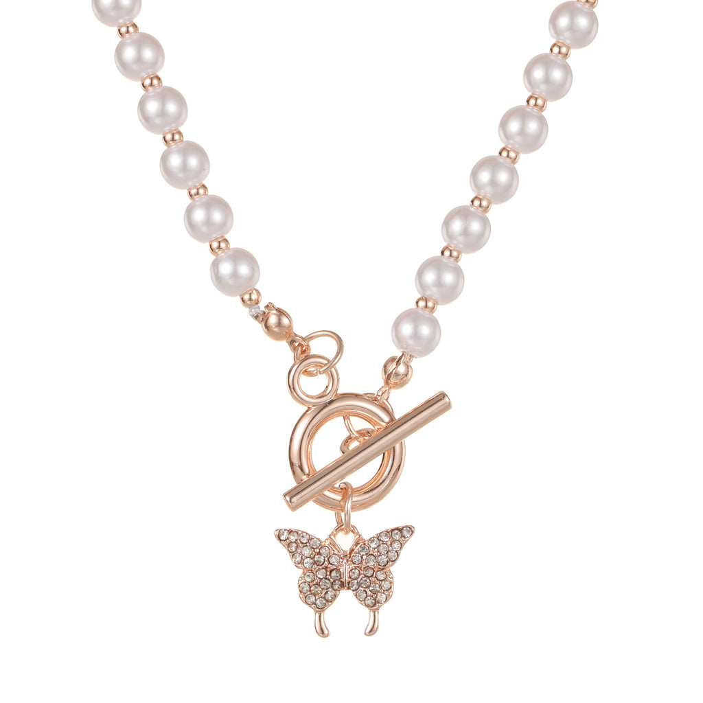 Butterfly Pearl Necklace Rose Gold