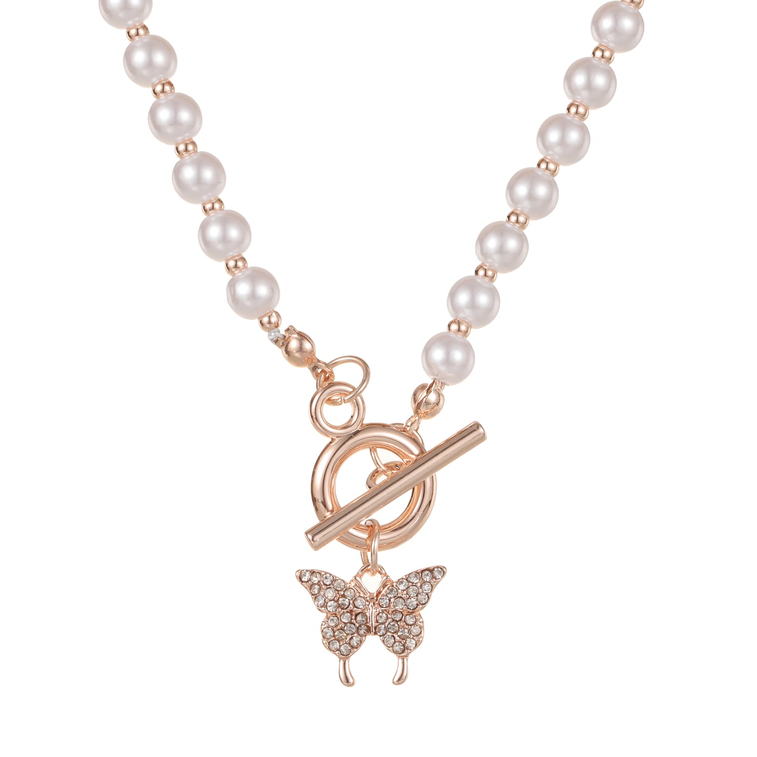 Butterfly Pearl Necklace Rose Gold