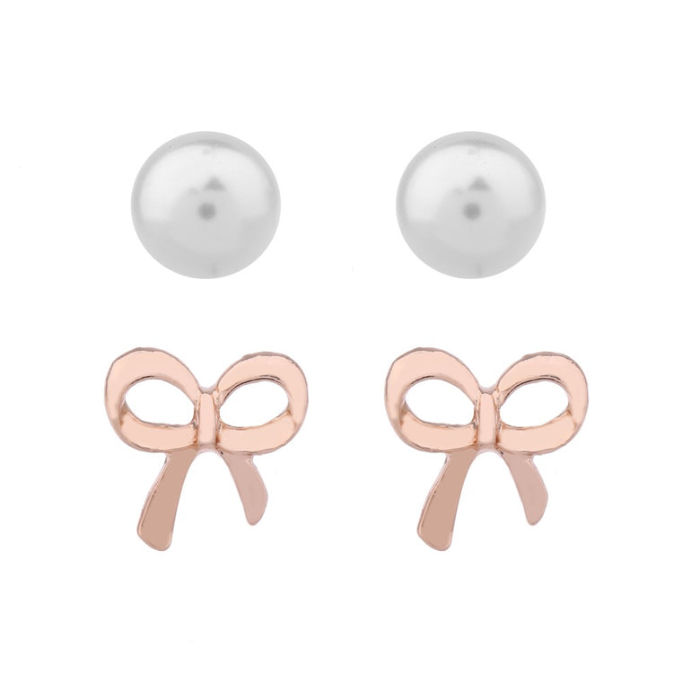 Delicate Ears 2pk Bow pearl earring Rose Gold Plating