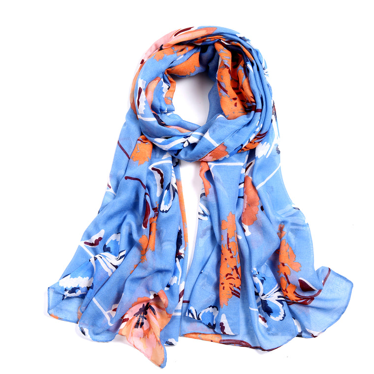 Bold Flower Print Scarf - Blue