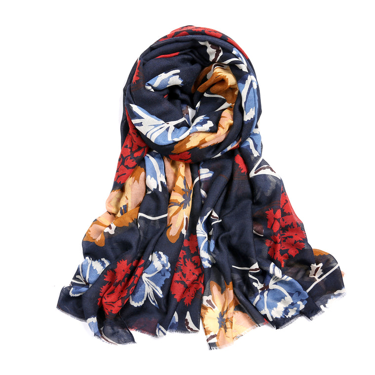 Bold Flower Print Scarf - Navy